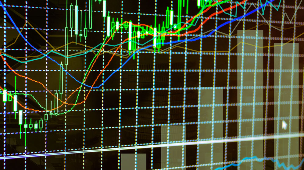 Brightly colored market performance bar and line graphs.