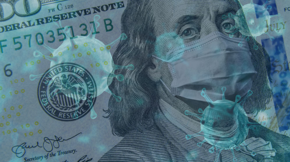 Mashup of Ben Franklin on U.S. $100 wearing a surgical mask with coronoviruses floating around.