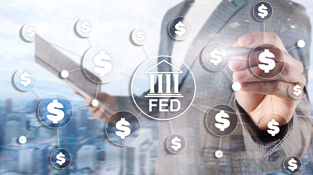 Torso of a suited person overlaid with $ icons with FED building icon in center.