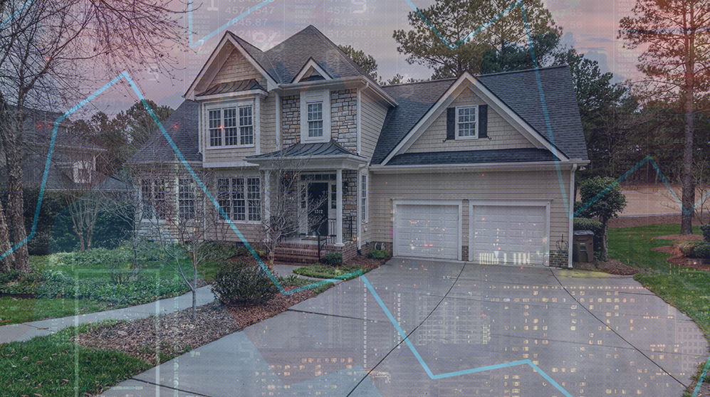 Suburban home with a two-car garage overlaid with a financial market line chart going down.