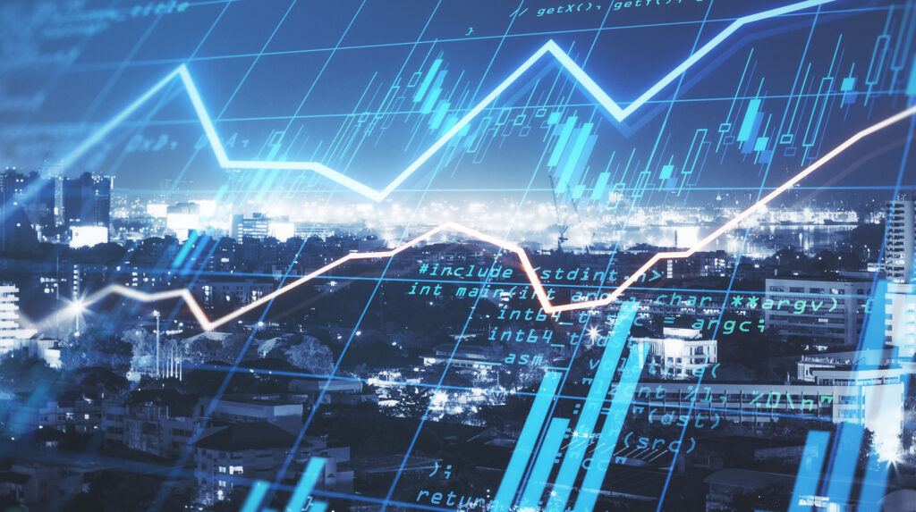 Performance charts overlaid a cityscape at night.