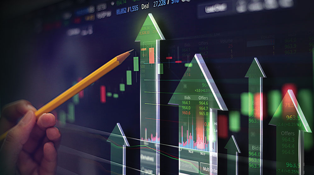 Hand using a pencil to point to a market performance chart with up arrows.