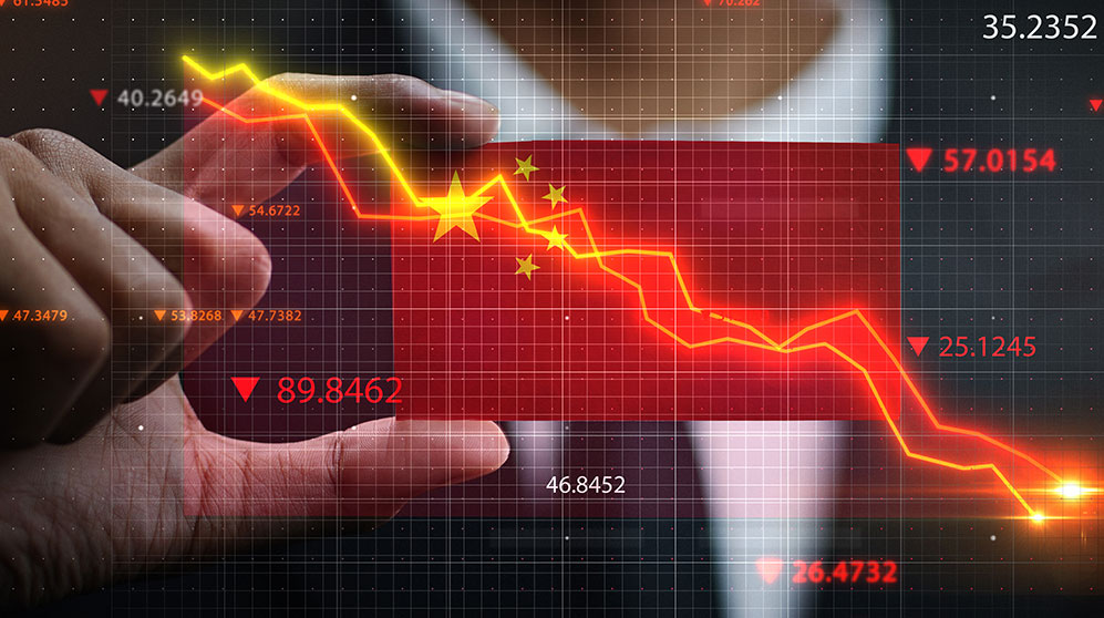 China flag overlaid by down-trending data line