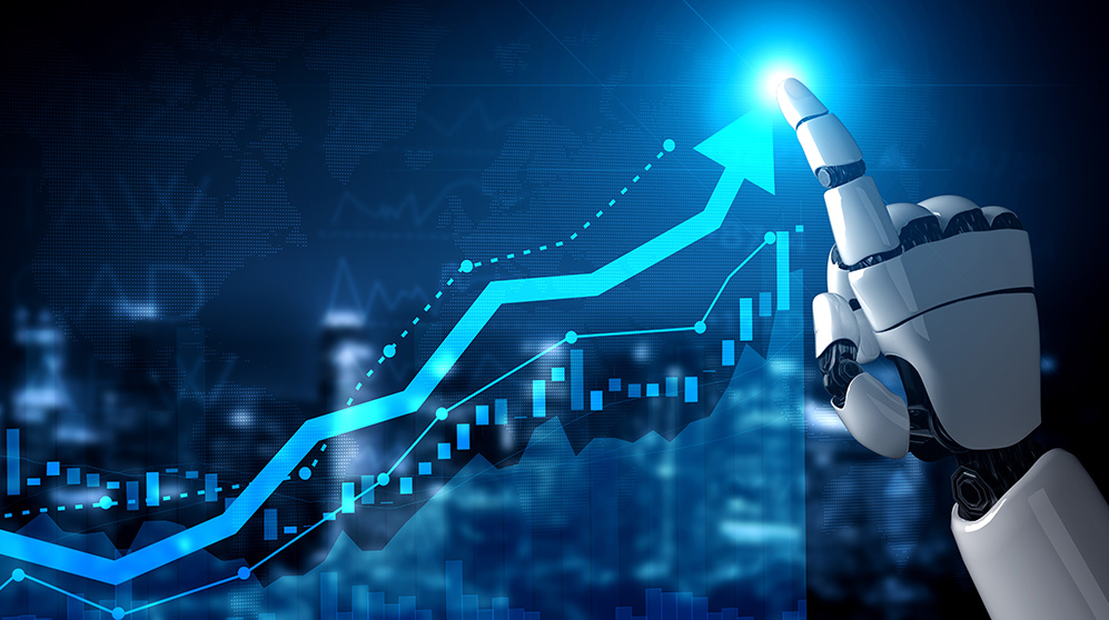 AI robot hand and a stock market graph