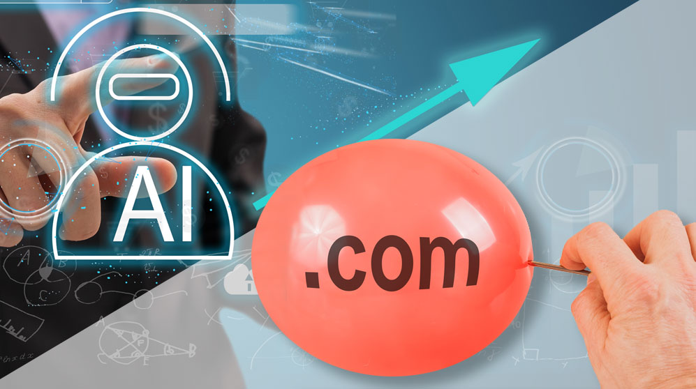 one hand pointing to AI and another putting a pin in a balloon labeled .com